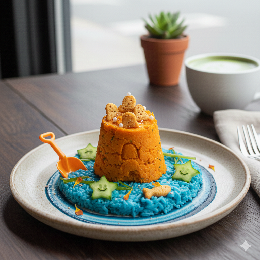 Sandcastle Cake — golden sandcastle dessert on blue rice beach with tiny shovel